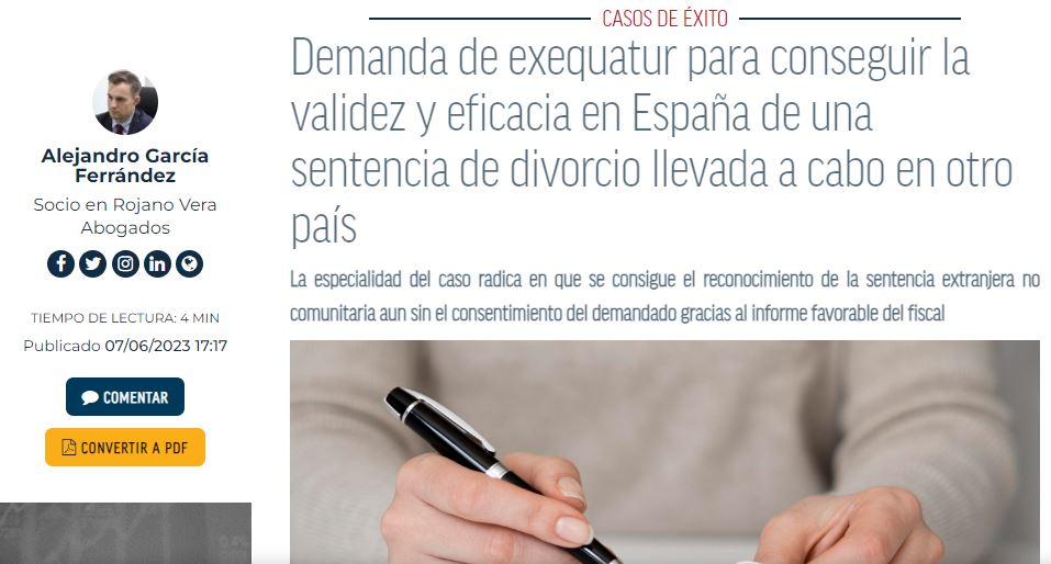 Demanda de exequatur para conseguir la validez y eficacia en España de una sentencia de divorcio llevada a cabo en otro país 