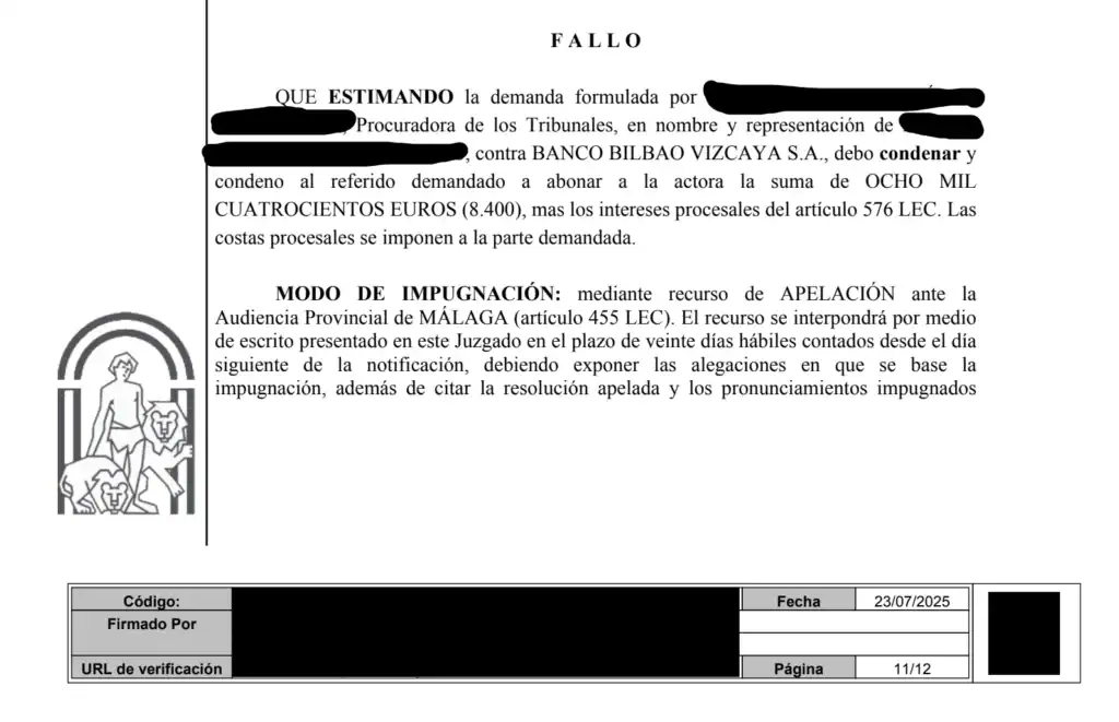 bbva condenado 8400 euros phishing bancario malaga
