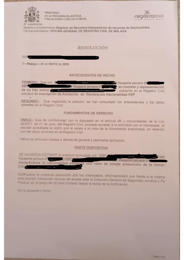 resolucion nacionalidad espanola menor