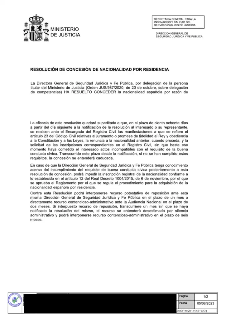 resolucion nacionalidad espanola para menor