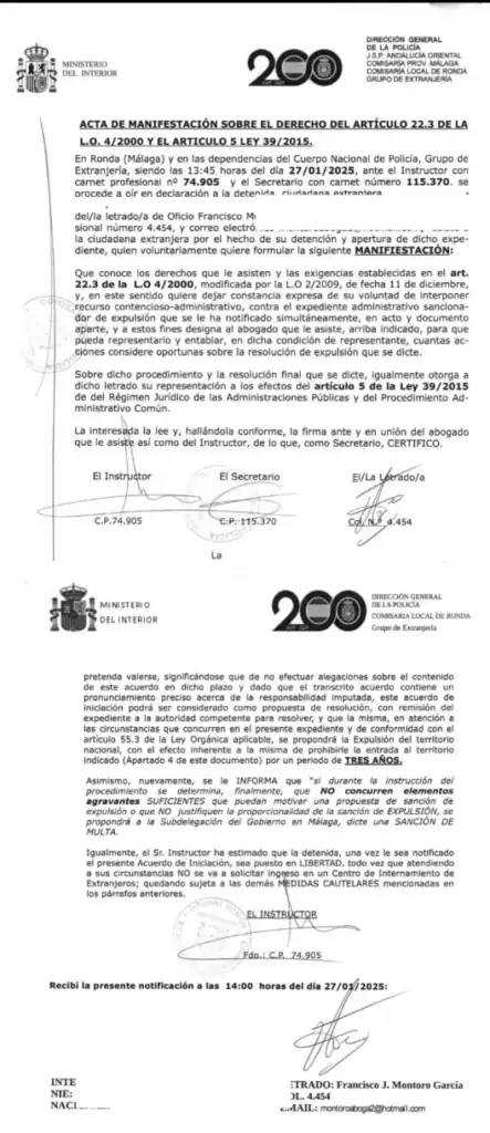 sin efecto orden de expulsion por multa