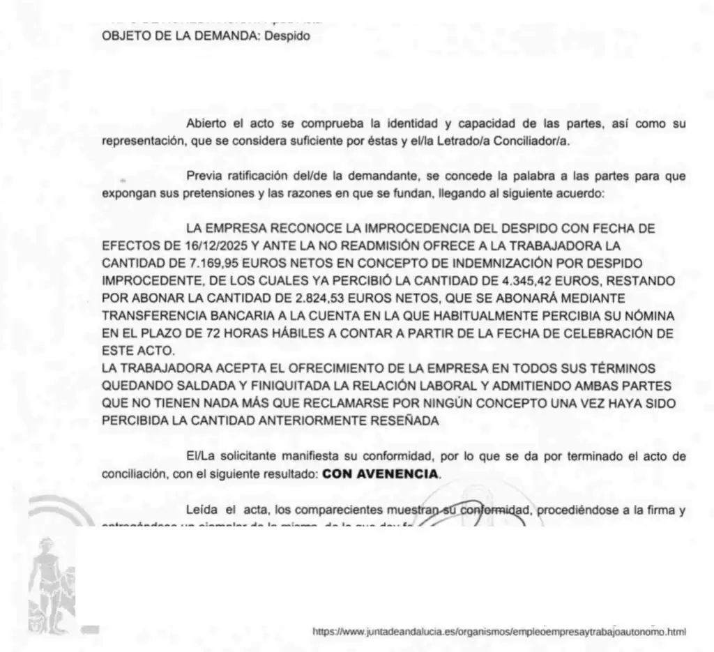 Despido objetivo reconocido como improcedente en conciliación