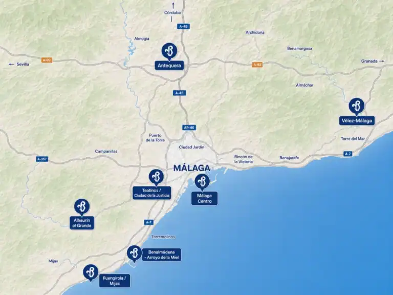 Mapa de la provincia de Málaga con las siete sedes de Rojano Vera