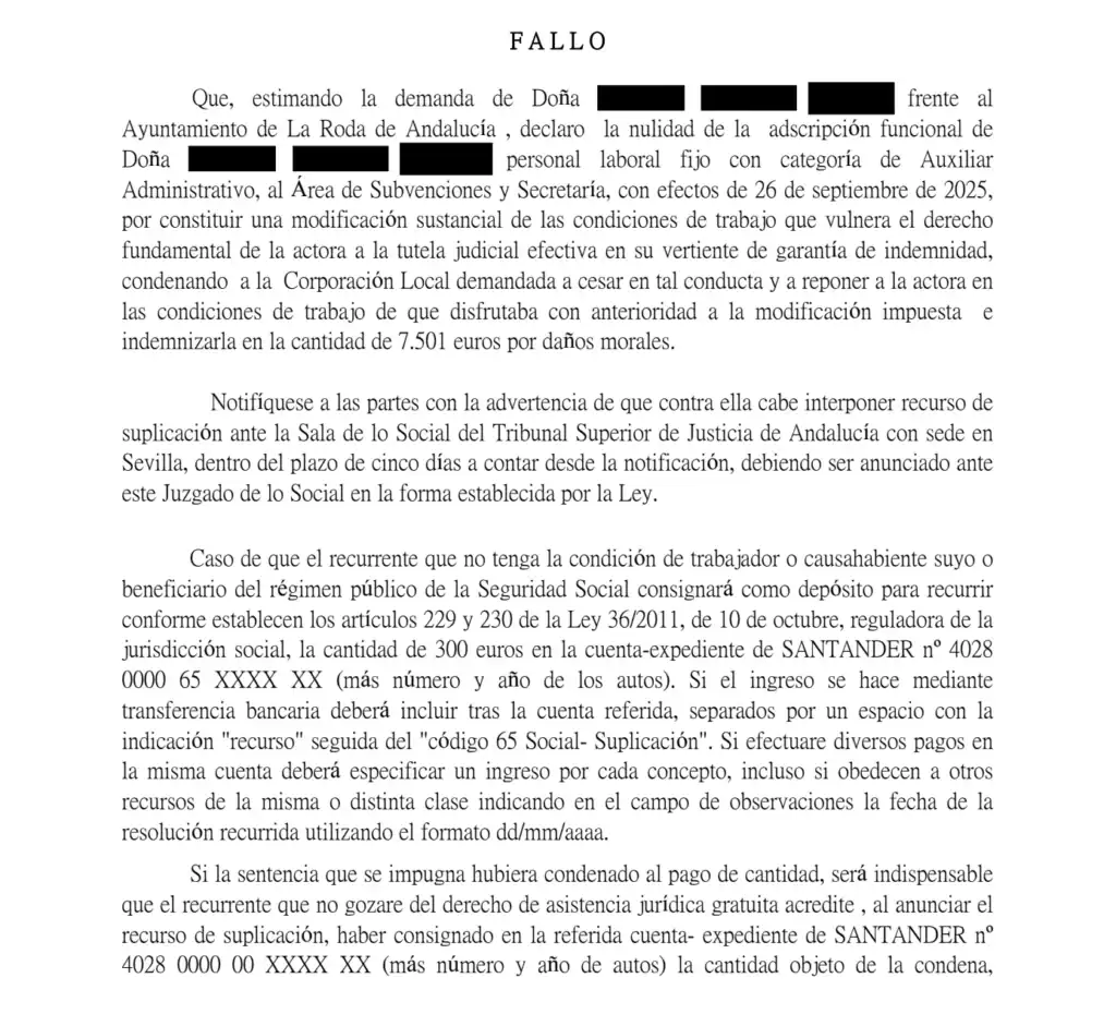 Adscripción funcional nula de trabajadora municipal por garantía de indemnidad