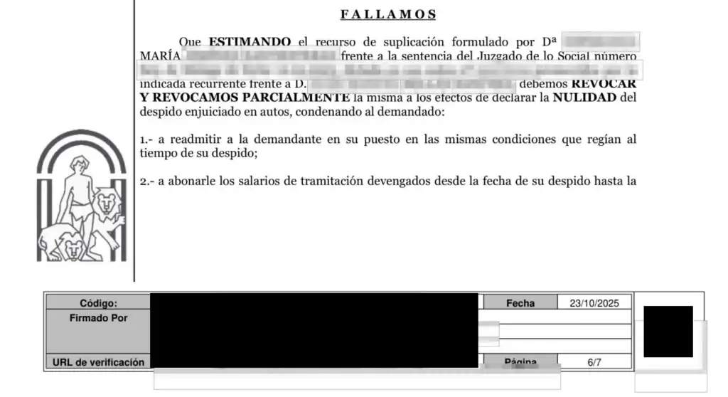 Despido nulo durante baja médica reconocido por el TSJ de Andalucía