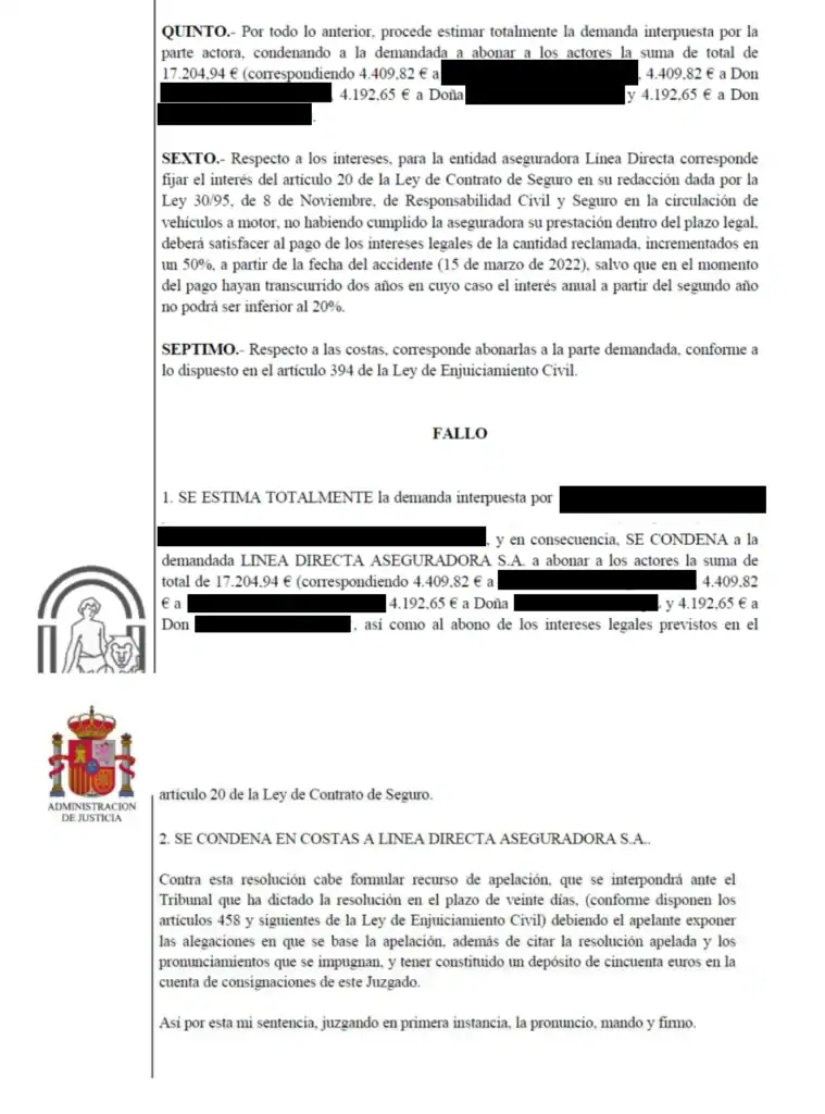 Sentencia favorable por accidente de tráfico en Málaga con indemnización para ocupantes del vehículo