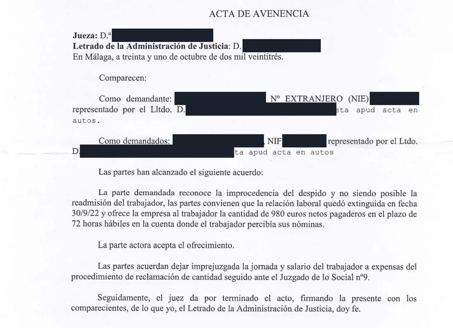 Acta de avenencia judicial por despido improcedente y defensa laboral de una empresa en Málaga
