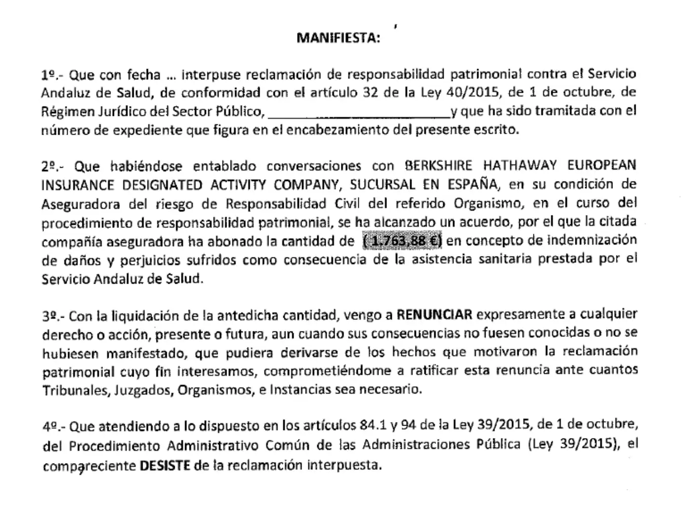 Acuerdo indemnizatorio por accidente laboral de un trabajador del Servicio Andaluz de Salud en Málaga