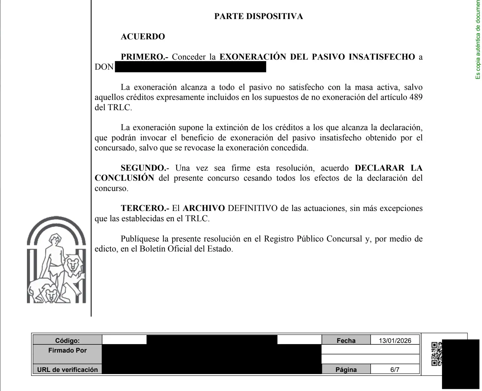 Auto judicial que concede la exoneración de deudas mediante la Ley de Segunda Oportunidad en Málaga