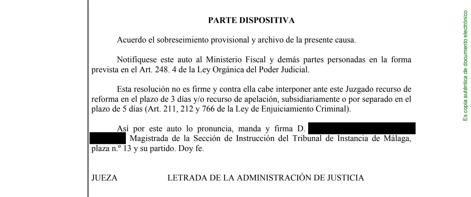 Auto judicial de sobreseimiento provisional de una causa penal por accidente laboral en Málaga