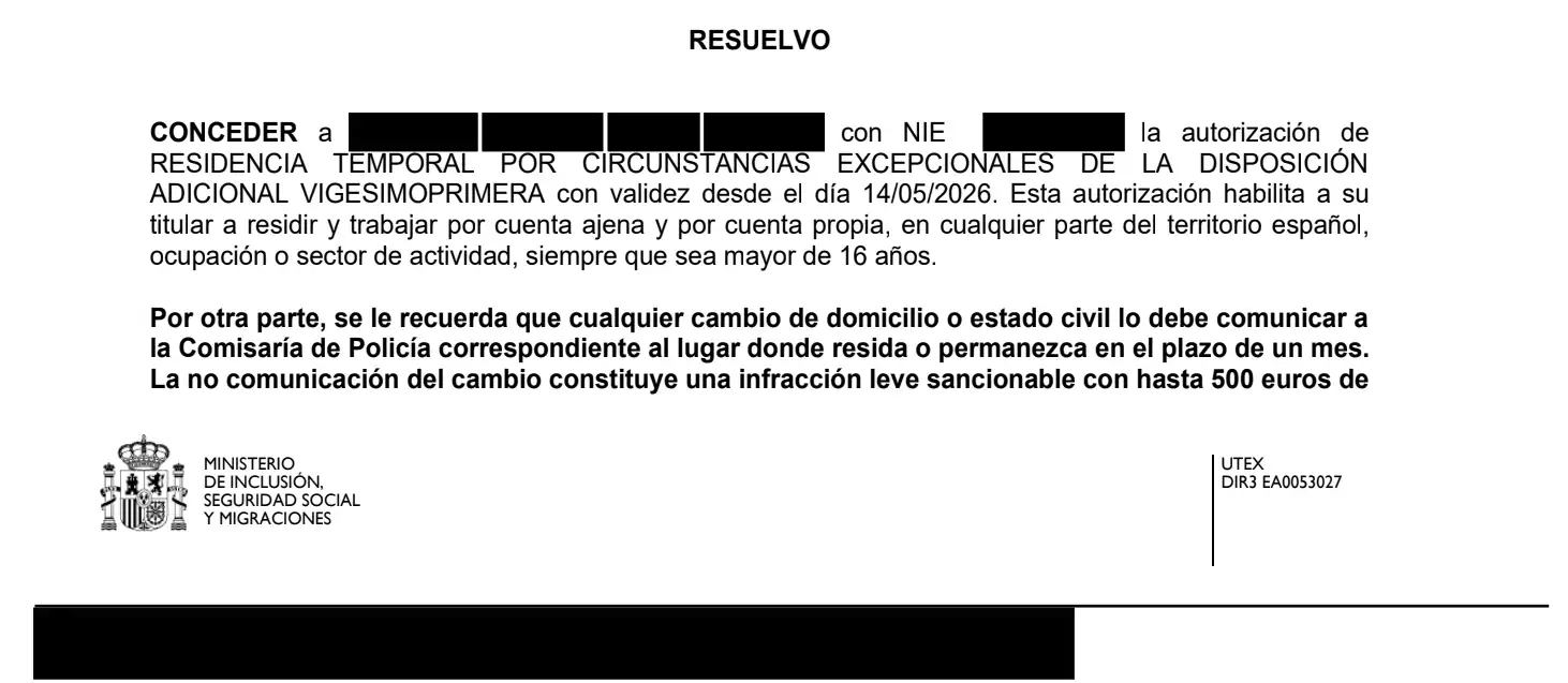 Resolución favorable de autorización de residencia y trabajo por circunstancias excepcionales en España