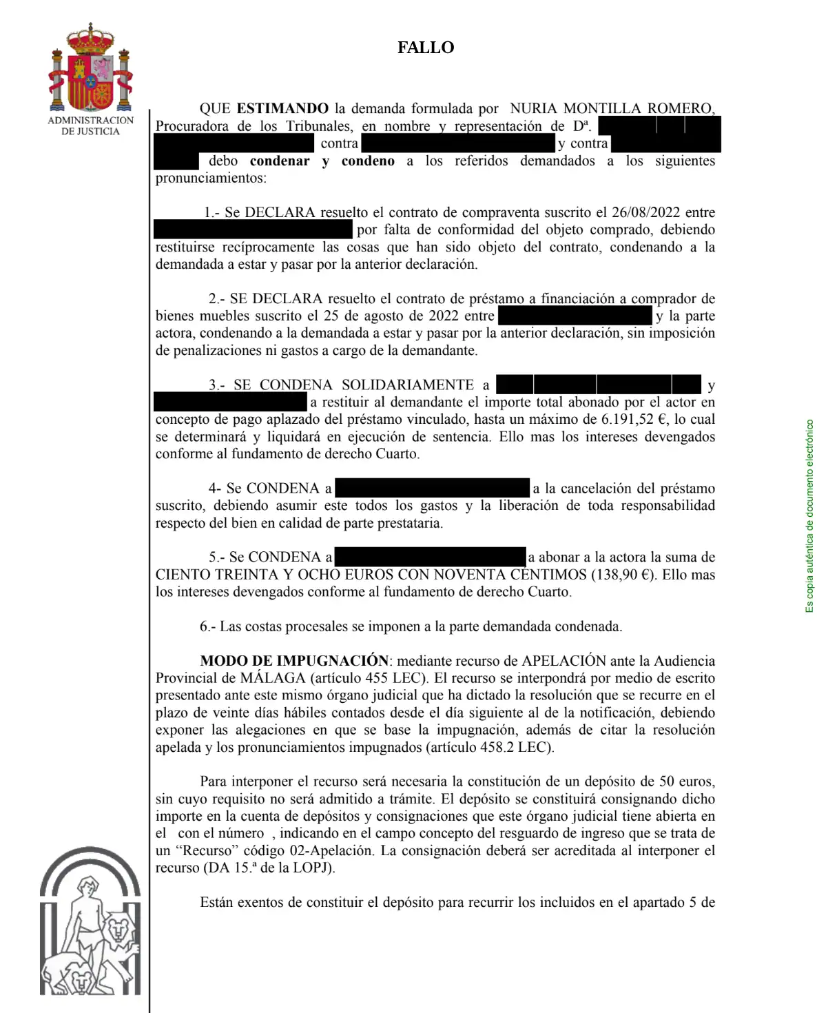 Sentencia que resuelve la compra de un coche defectuoso y cancela su financiación bancaria en Málaga