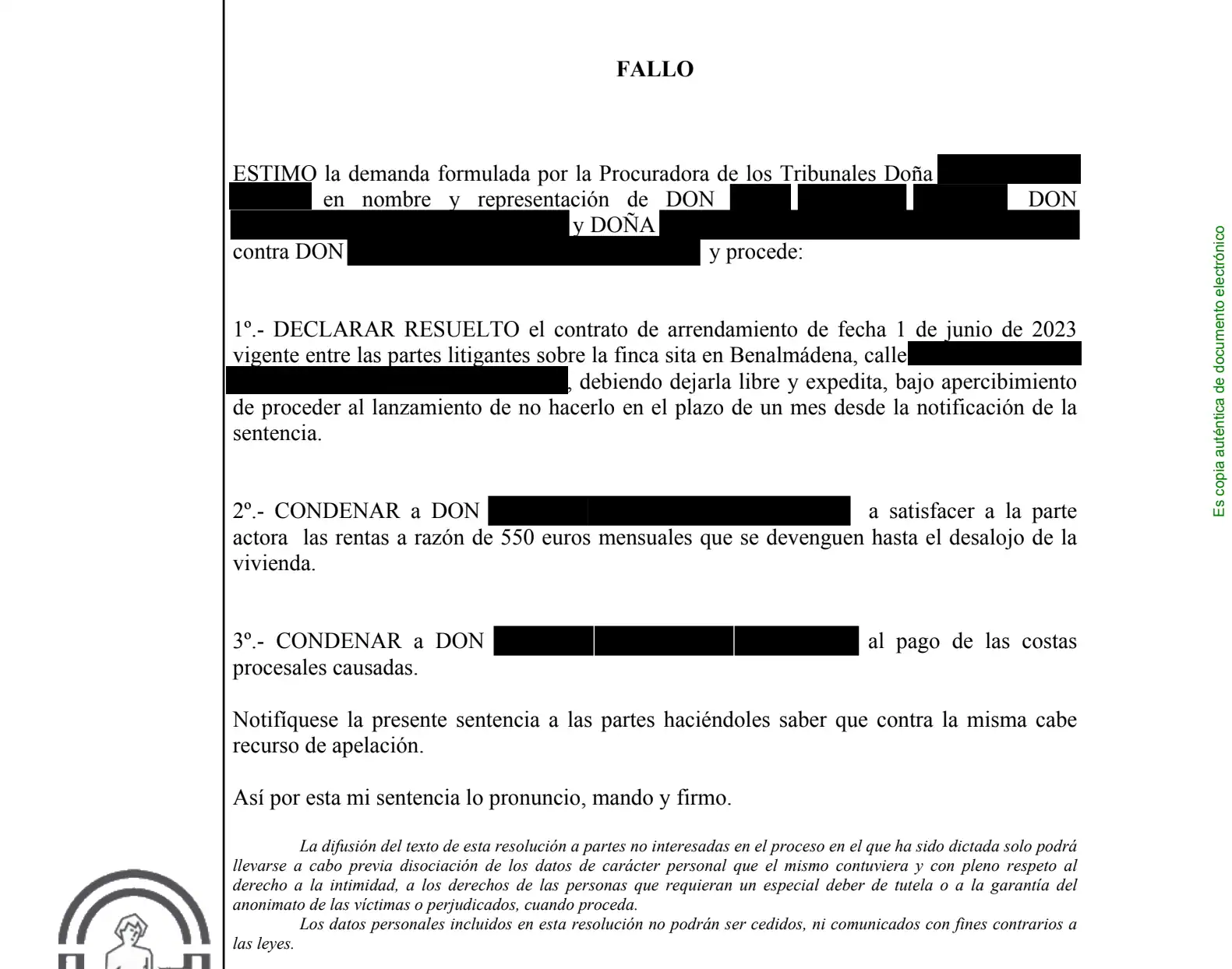 Sentencia de desahucio por expiración del plazo del contrato de arrendamiento en Torremolinos