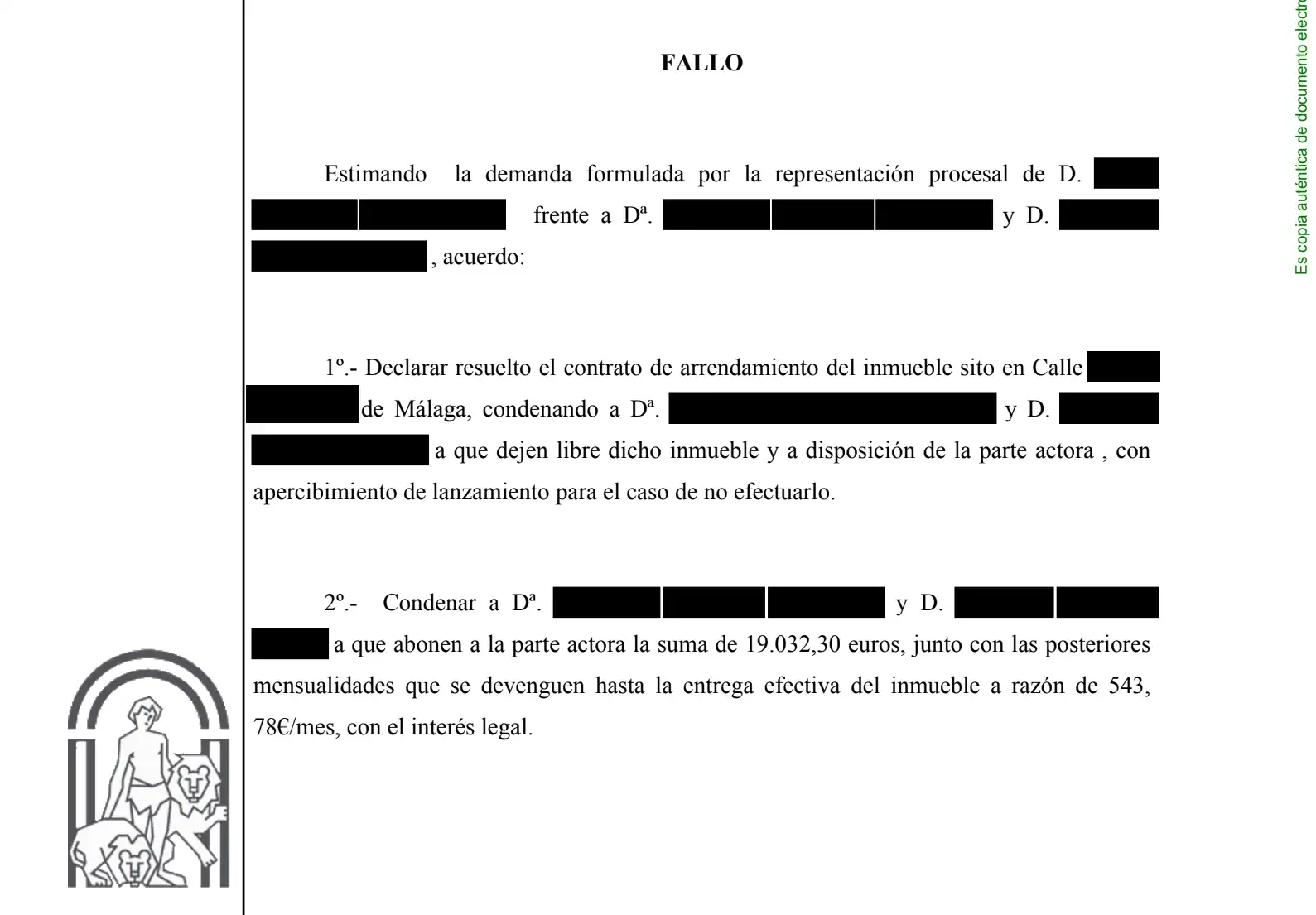 Sentencia de desahucio en Málaga con condena al pago de 19.032,30 euros en rentas impagadas
